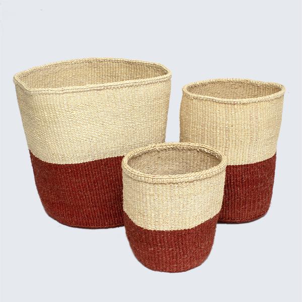 Kenyan Woven Basket Rust And Natural Set Of Three