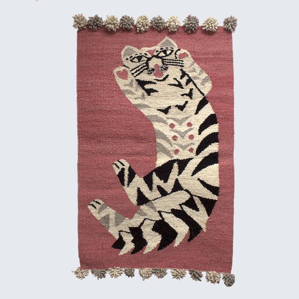 Woven Kenyan Wall Hanging Rug Cat On Pink