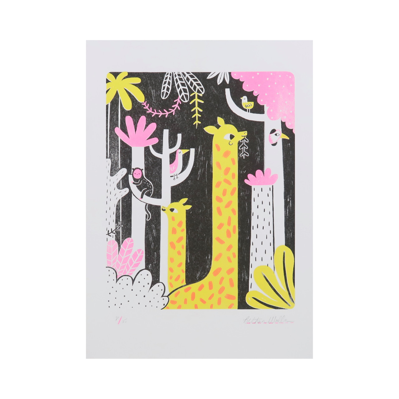 BETHAN WOOLLVIN Giraffe Risograph Print in Hot Pink and Yellow