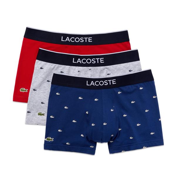Lacoste 3 Pack Cotton Stretch Trunks Grey Red Navy Crocs
