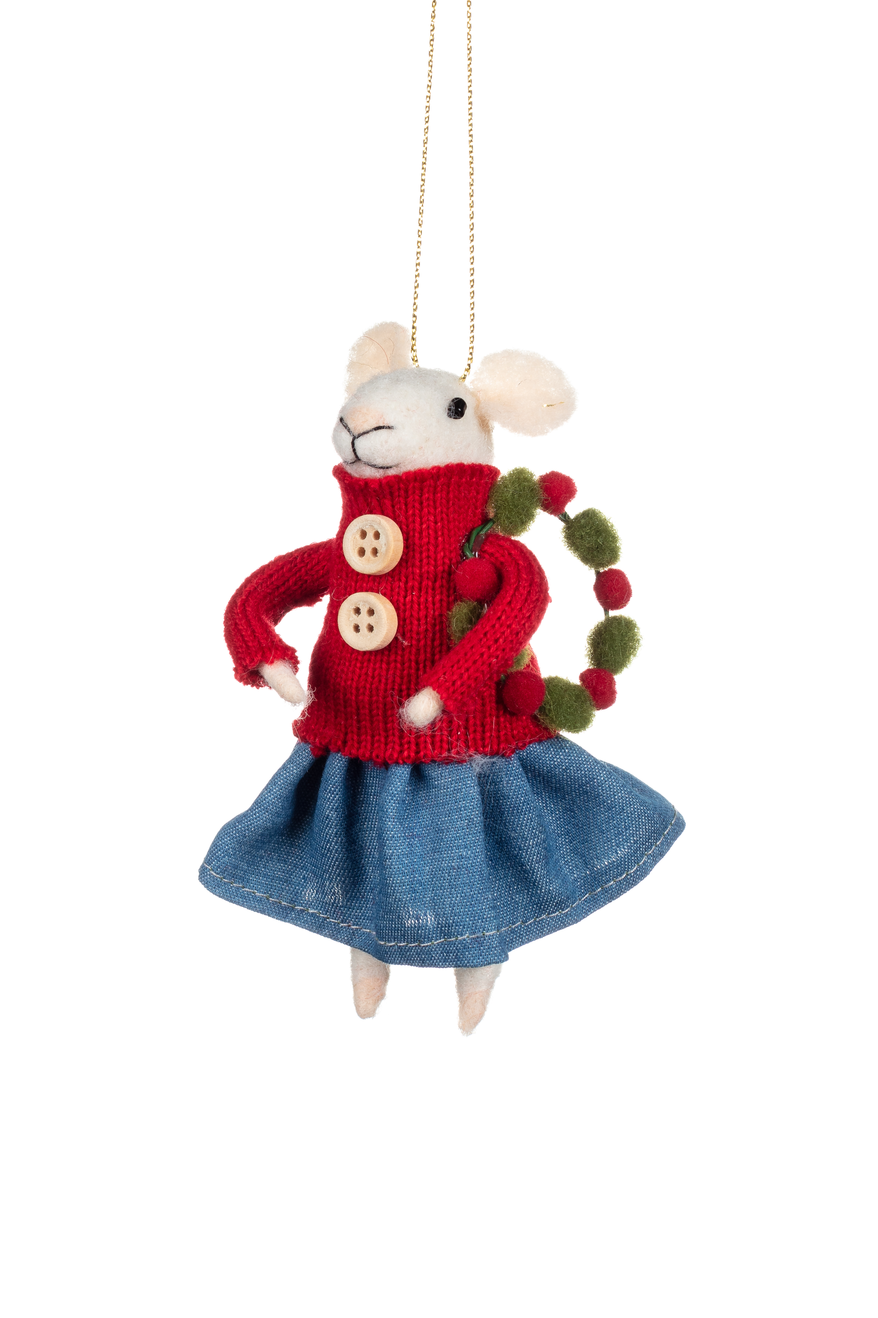 Hyde And Seek Felt Mouse with Blue Skirt and Wreath Decoration