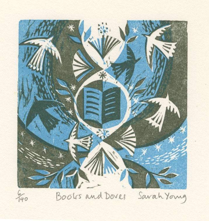 Sarah Young Woodcut Books and Doves Print