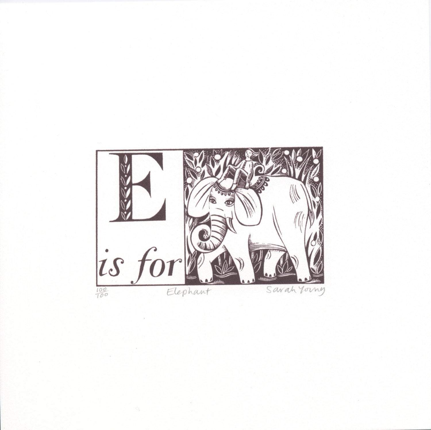 Sarah Young Silkscreen E is for Elephant Alphabet Print