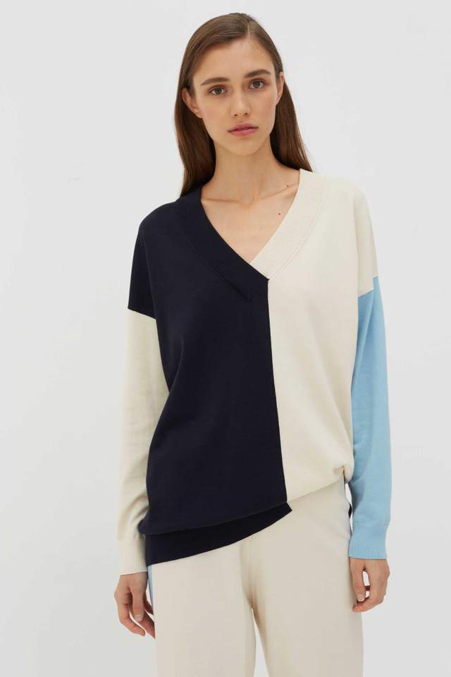 Chinti & Parker Colour Block Sweater in Cream/Navy/Blue