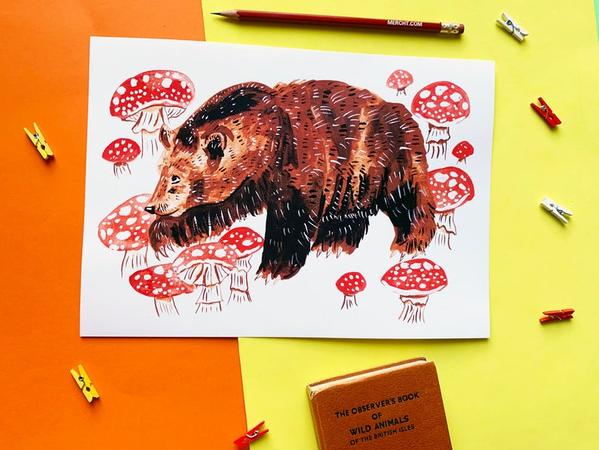 Sophie Heywood Bear And Mushrooms Print
