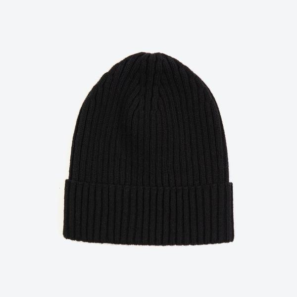 Black Wool Ribbed Beanie