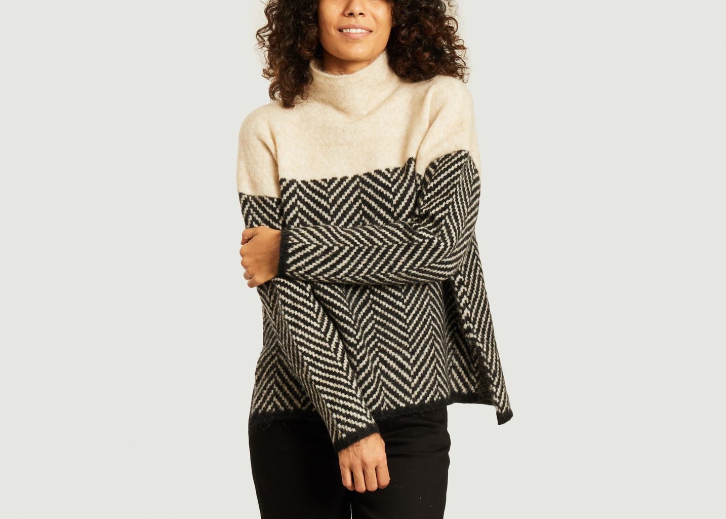 Second Female Black Herrin Herringbone High Collar Sweater