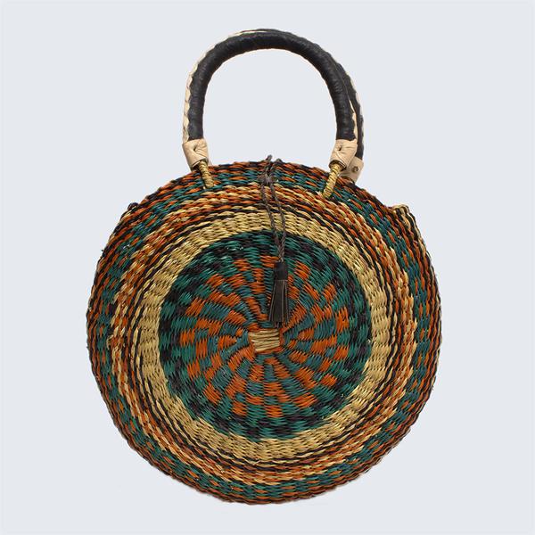 Teal and Orange Ghanaian Circular Basket With Leather Handles