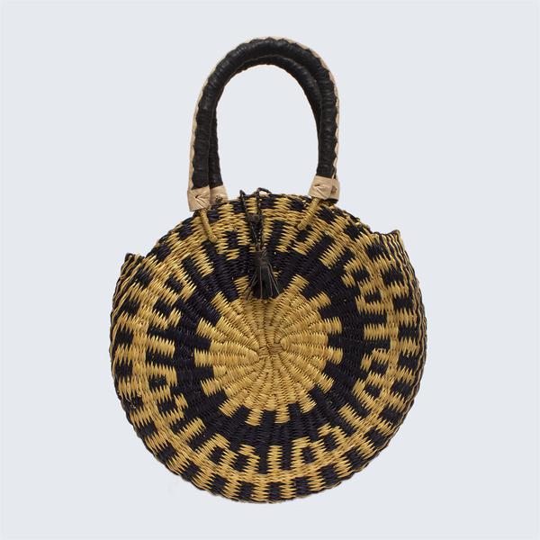 Ghanaian Circular Basket With Leather Handles Black And Natural