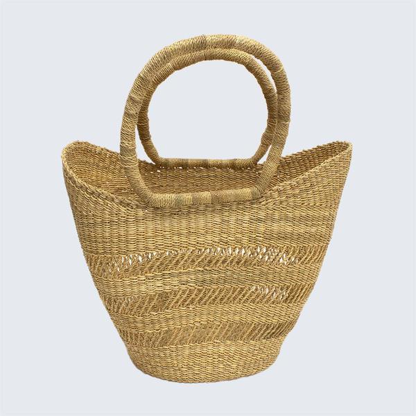 Ghanaian Bolga Shopping Basket With Leather Handles Natural