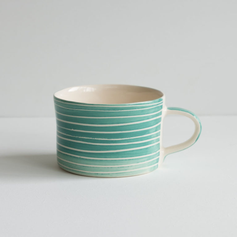 Musango Mint Handmade Sgraffito Stripe Wide Mug