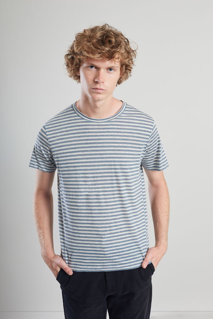 Blue and Heather Grey Chambray Striped Organic Cotton T Shirt