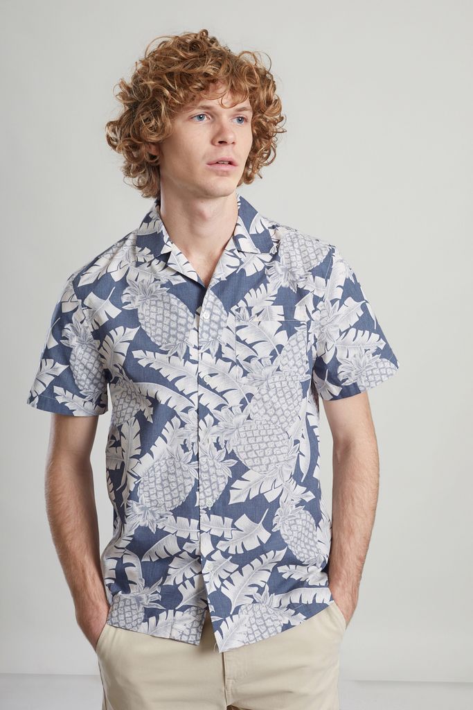 L’Exception Paris Navy Blue and Grey Printed Short Sleeve Shirt In Japanese Cotton