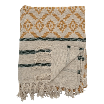 Bloomingville Ethnic Blanket L160xW130 cm in Recycled Cotton with Fringes in Ochre/Beige/Green