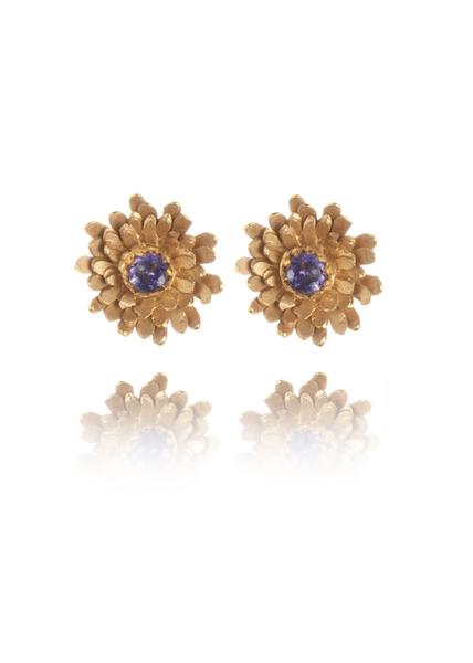 Gold Vermeil Dahlia Stud Earrings With Iolite Semi Precious Stone