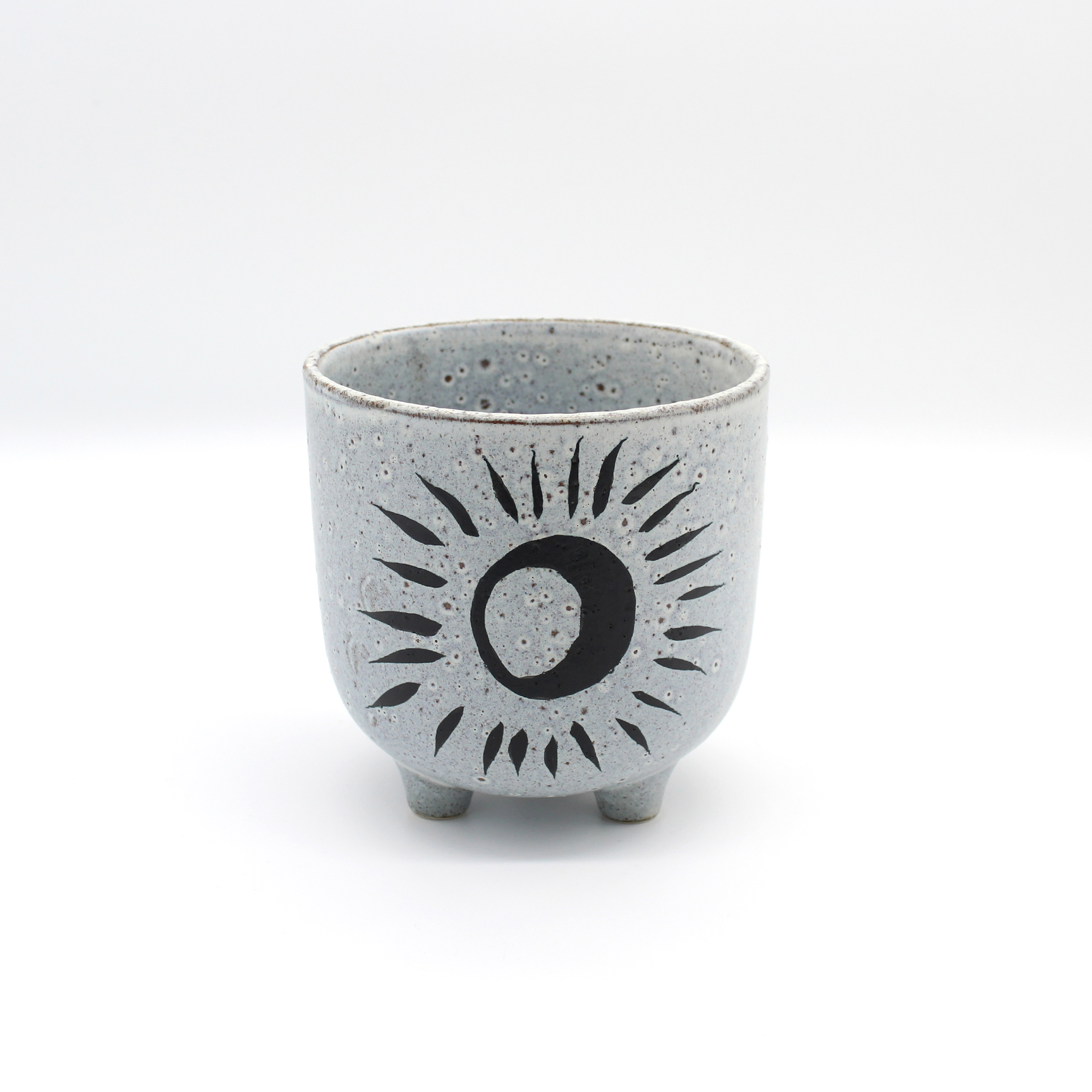 Black Moon On A Grey Speckled Glaze Plant Pot With Three Feet