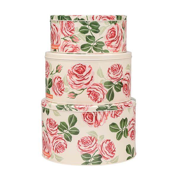 Set Of 3 Round Cake Storage Tins Pink Roses