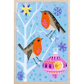 Bauble Robins Wooden Postcard