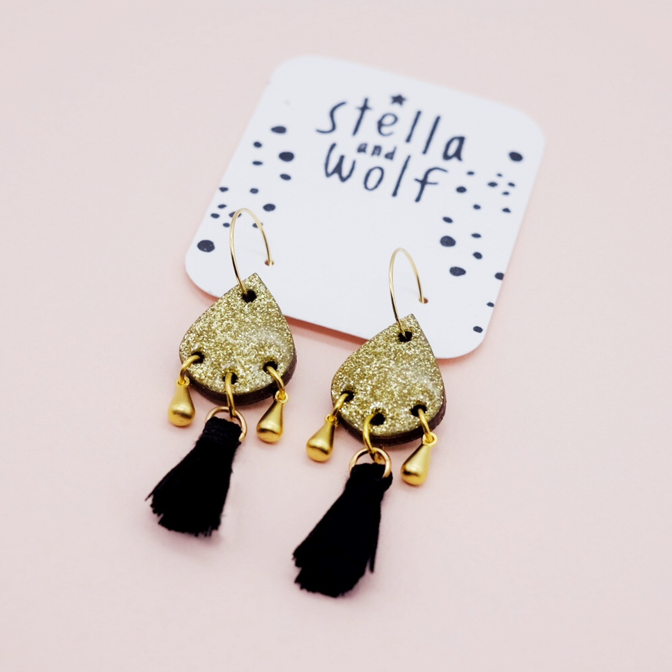 Stella & Wolf Gold Glitter Tassel Statement Earrings