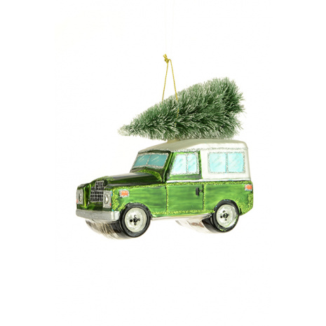 Or & Wonder Collection Green Land Rover Bauble Glass with Tree Christmas Ornament