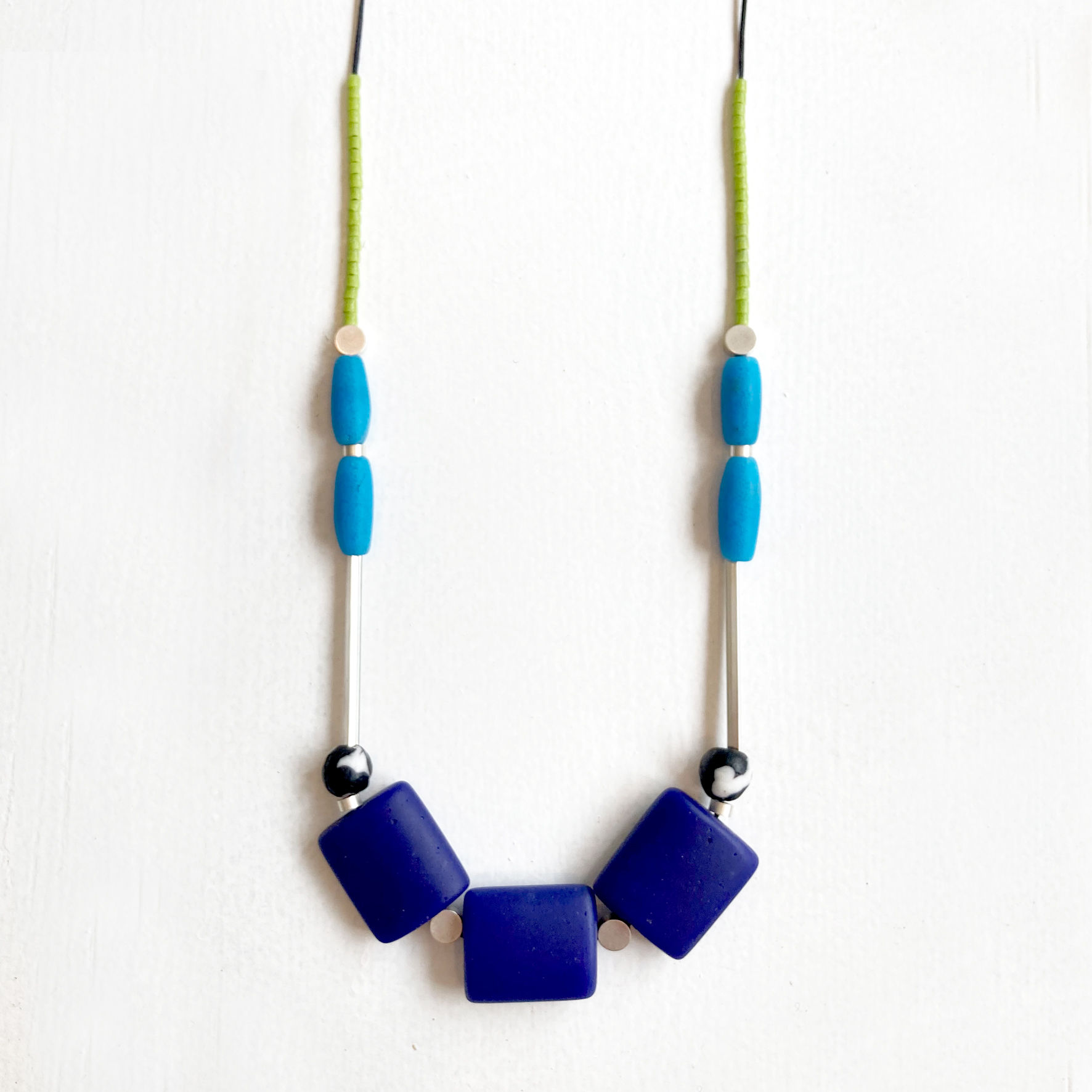 Zippy & Zeke Geometric Long Beaded Blue Glass Necklace