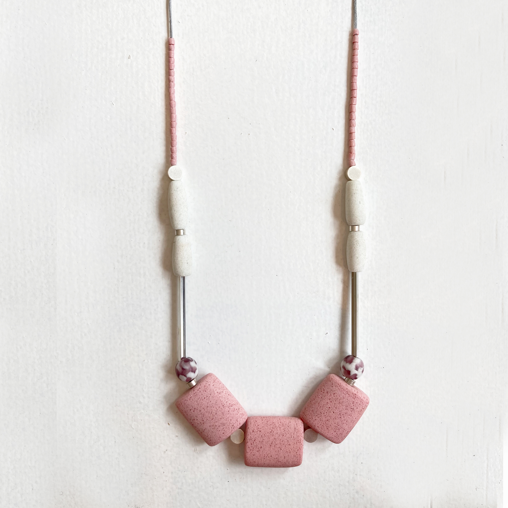 Zippy & Zeke Geometric Long Beaded Pink Glass Necklace
