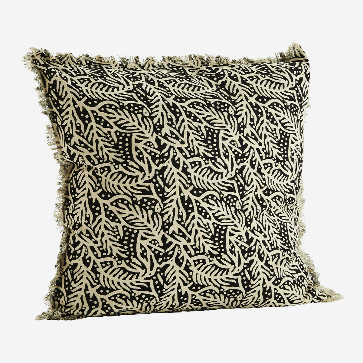 Madam Stoltz Black and Natural Printed Cushion Cover with Fringes