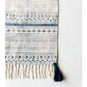The Painted Bird Large Navy Blue Hand Block Printed Rug With Corner Tassels