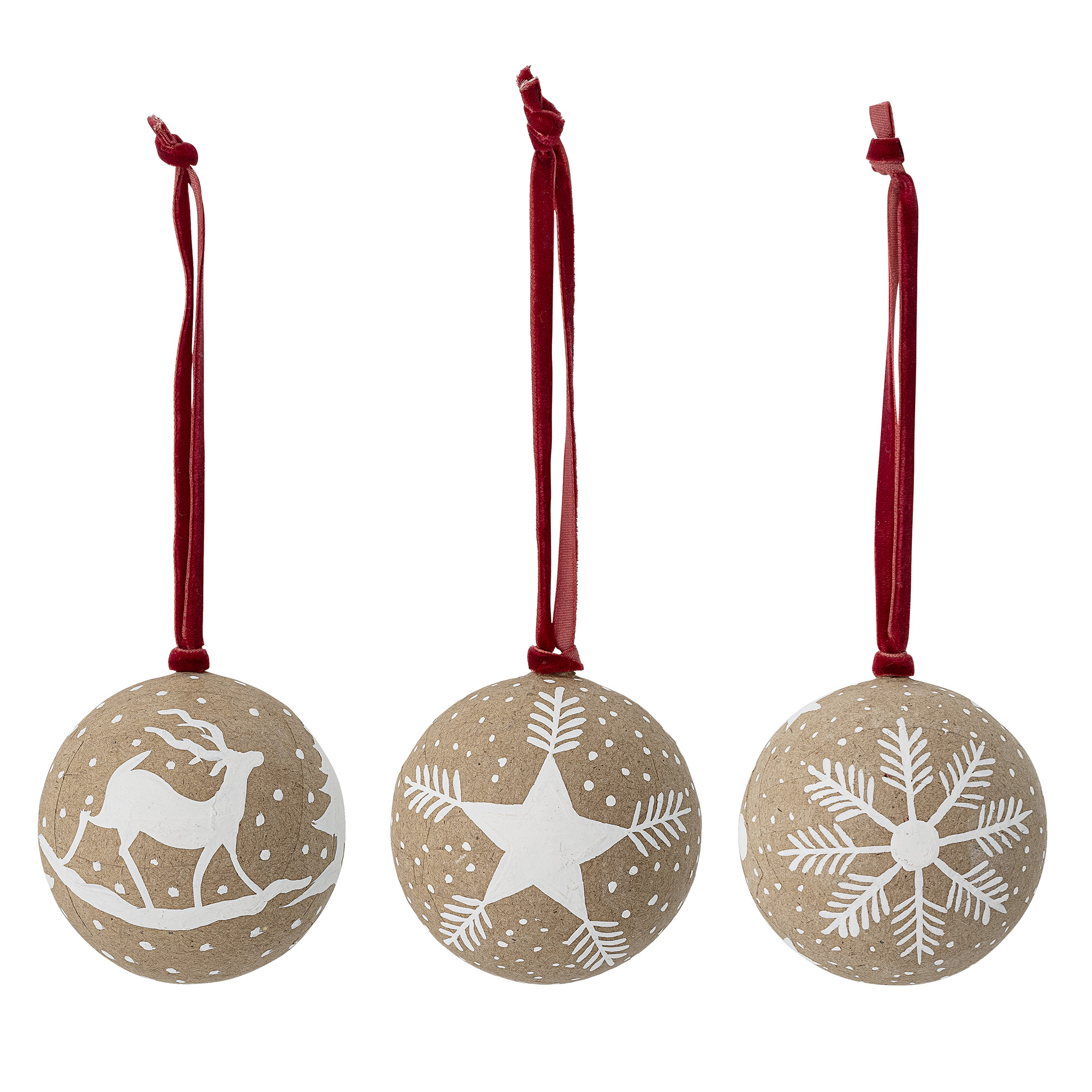 Bloomingville Set of 3 Brown and White Christmas Bauble Paper Ornaments