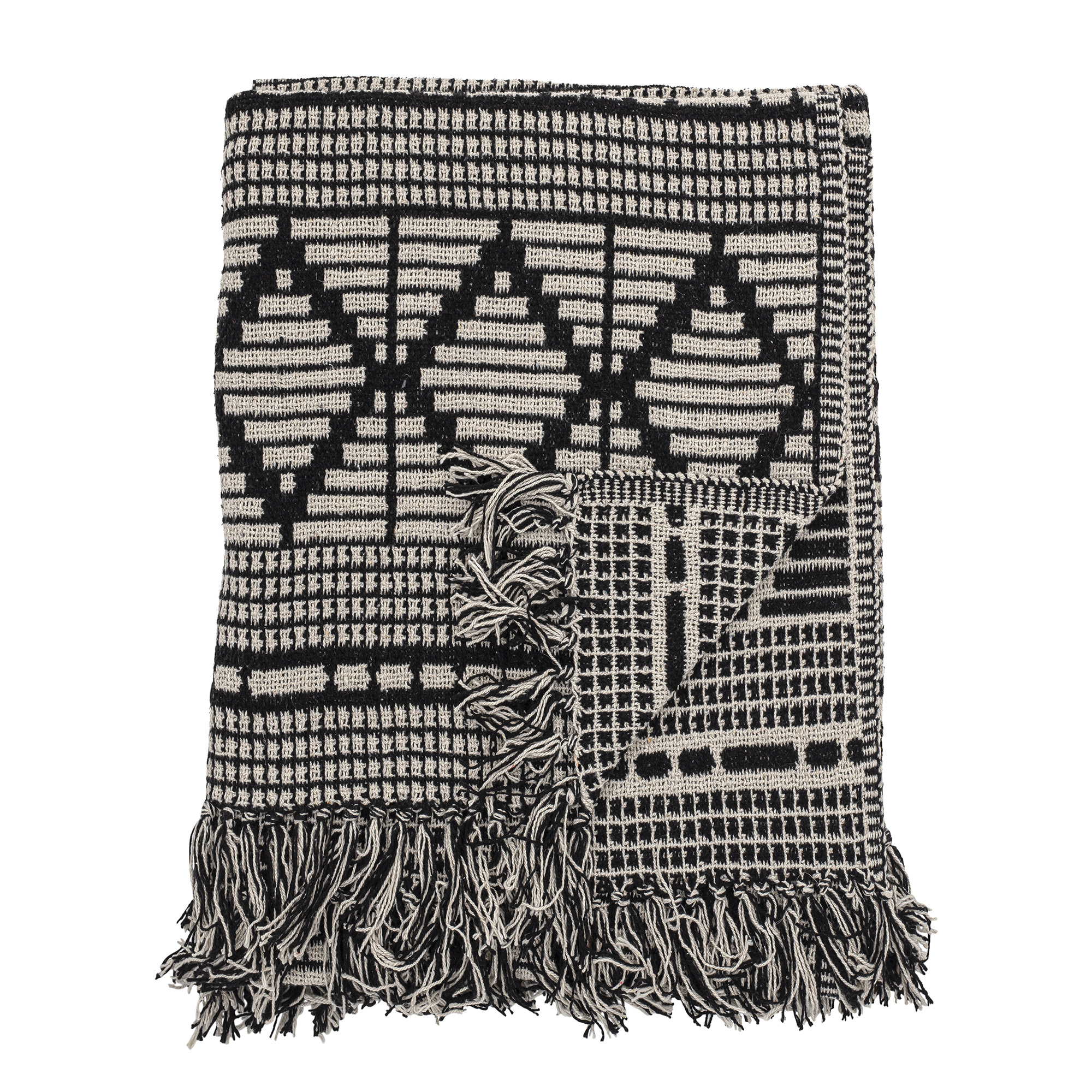 Bloomingville Black Geometric Patterned Recycled Cotton Throw