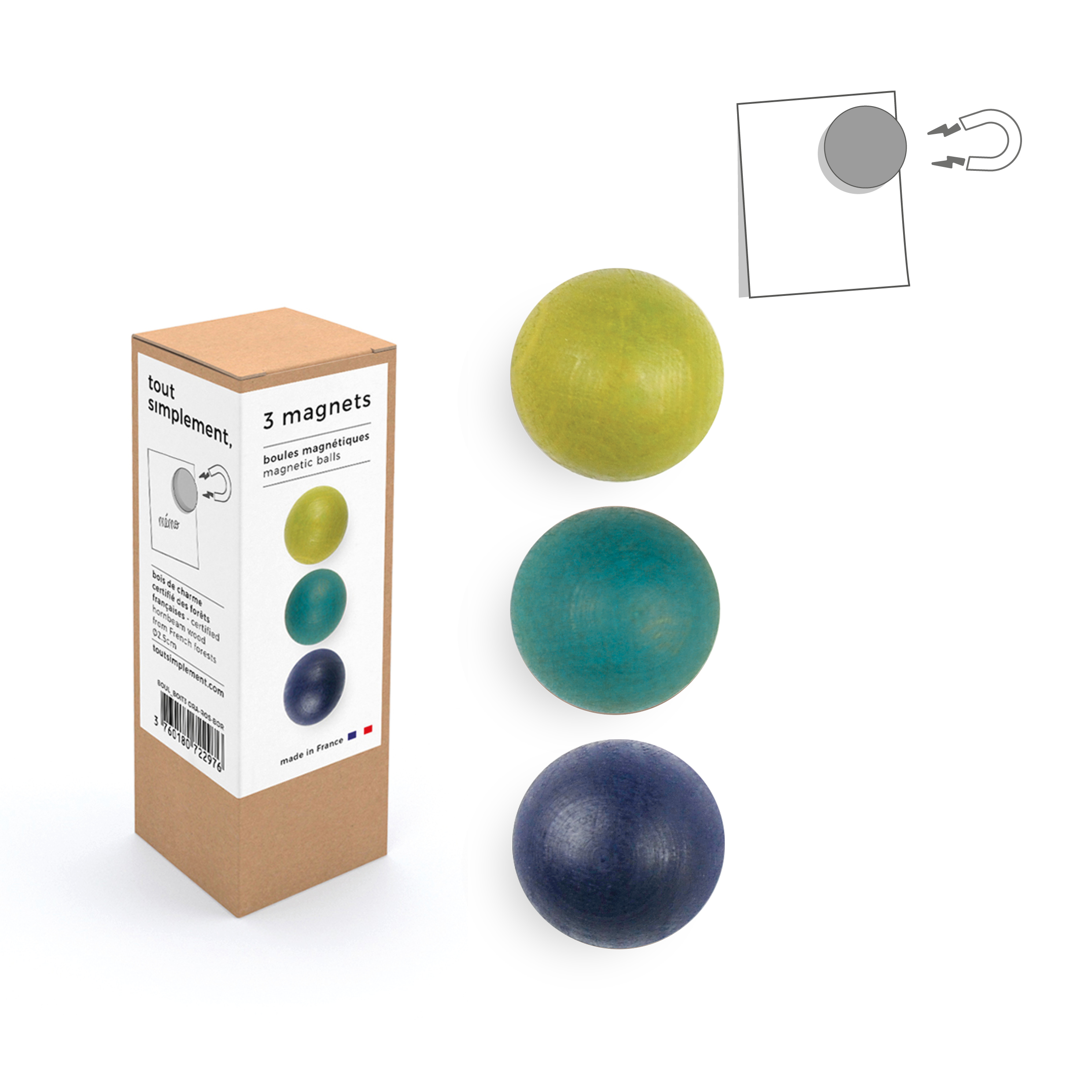 Tout Simplement  Set of 3 Green and Blue Wooden Balls Magnets