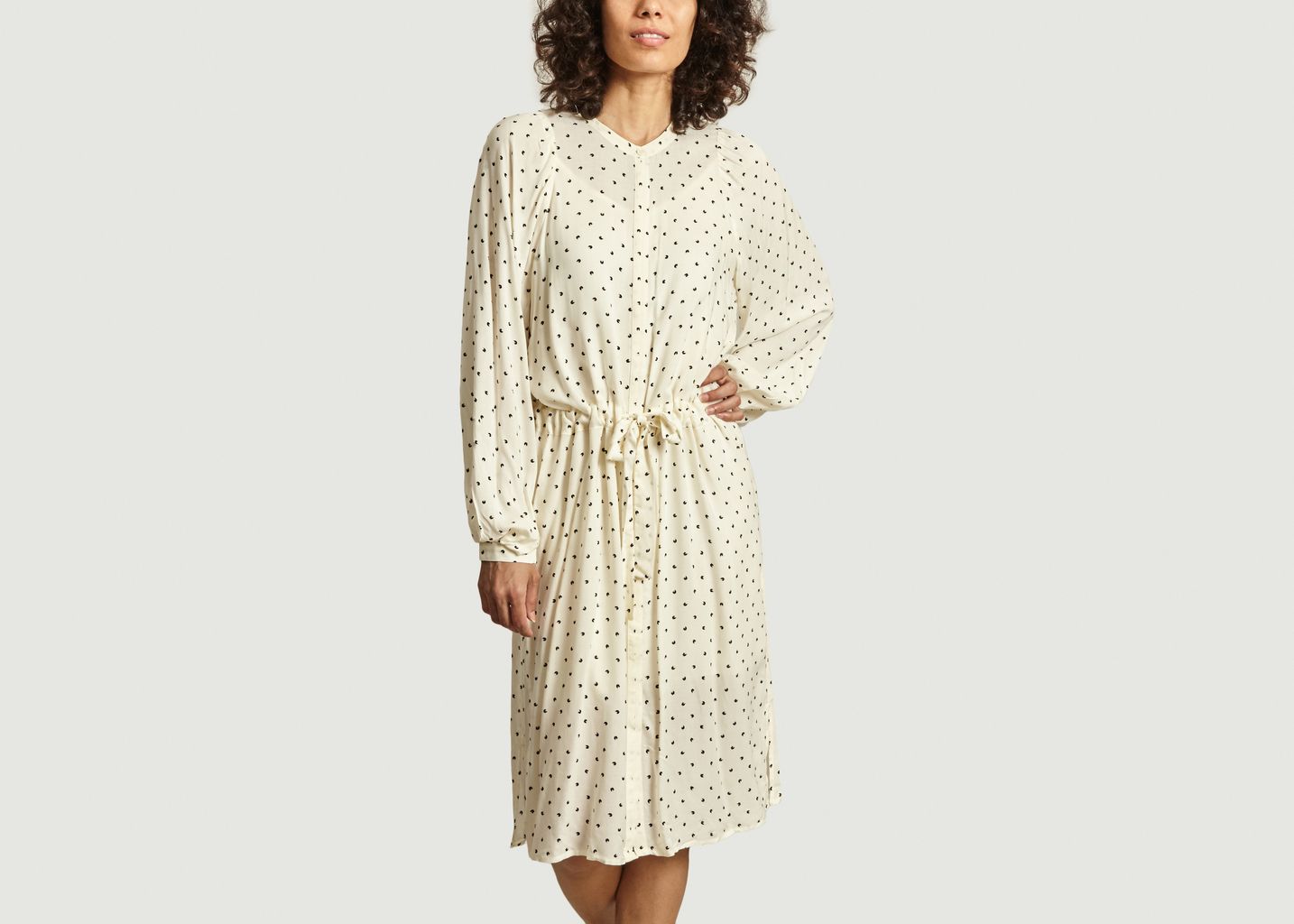 Second Female Cream Printed Dress With Adjustable Belt