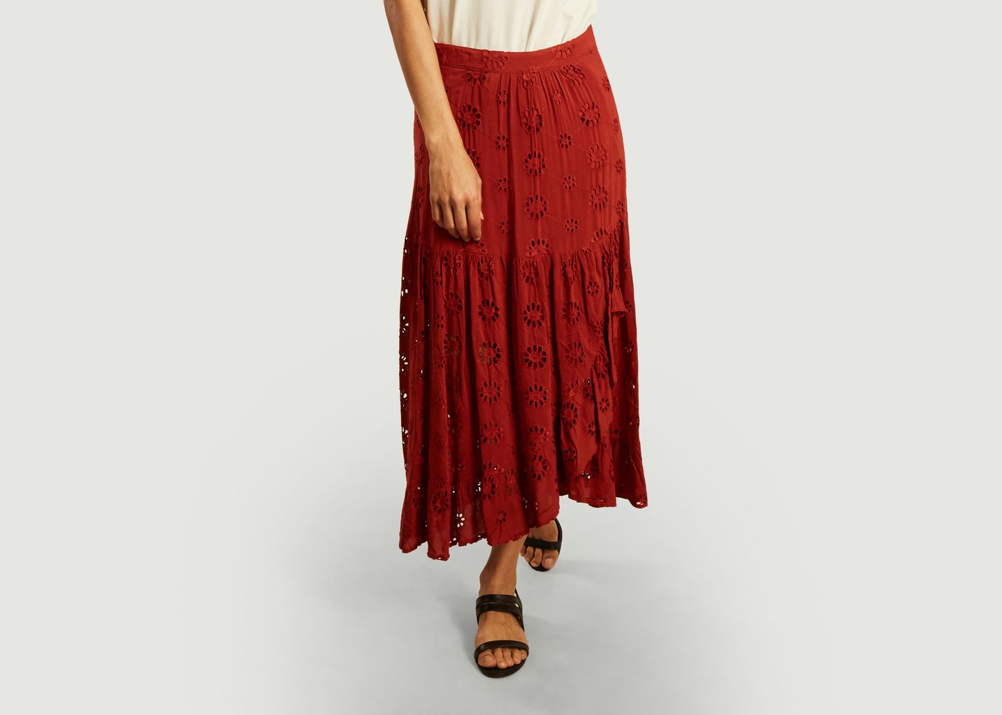 La Petite Française Red Juponnee English Embroidery Long Skirt