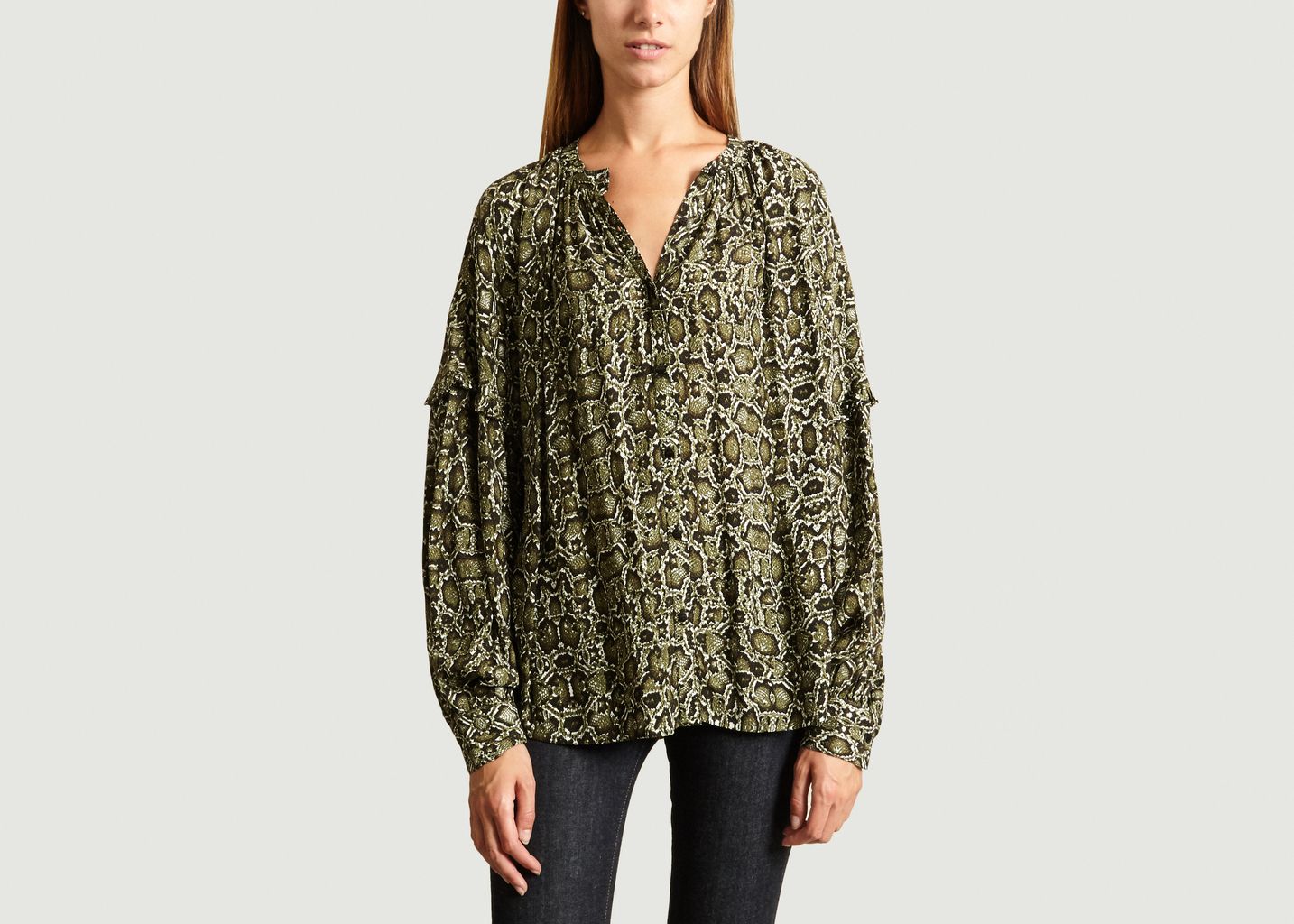 Essentiel Antwerp Khaki Green Tubin Snakeskin Blouse