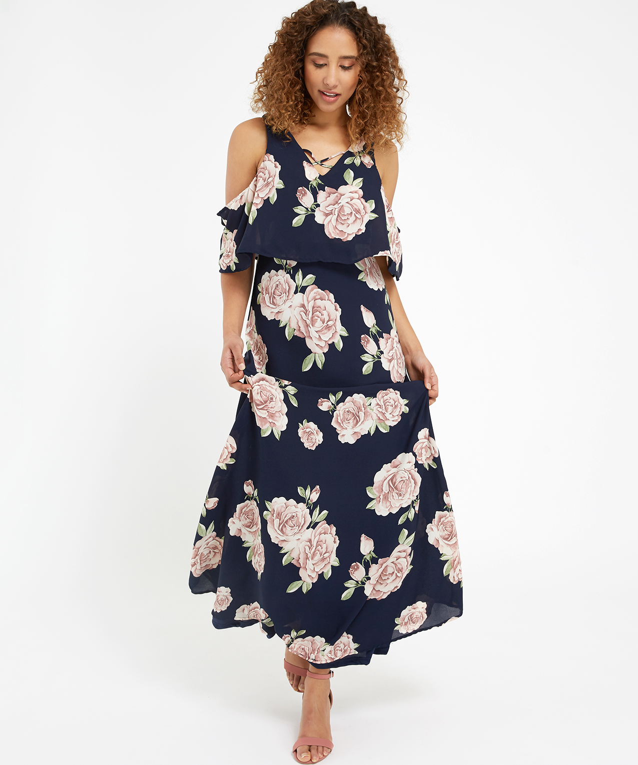 Dex Clothing Navy Pink Roses Print Maxi Dress 1322275