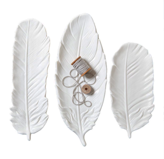 Hubsch Tray, Feather, Ceramics, White, Set of 3