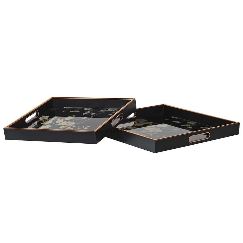THE BROWNHOUSE INTERIORS Black Floral Trays Set of 2 