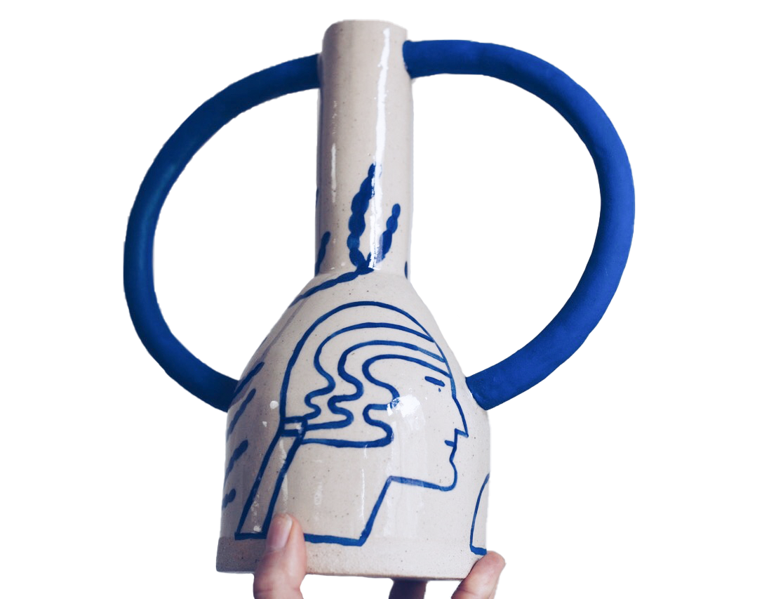 Sophie Alda Handmade Eared Flower Vase - Cream & Blue