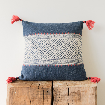 The Painted Bird Dark Blue Embroidered & Block Printed Cushion