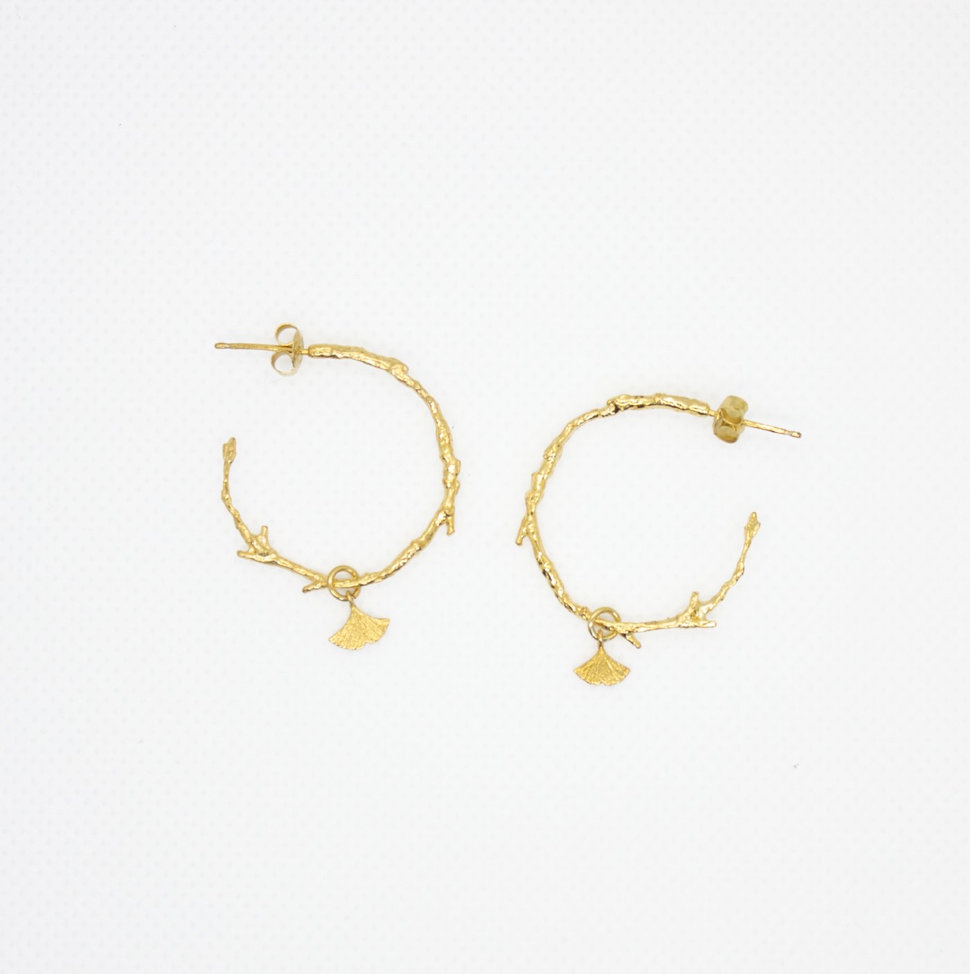 Curious & Curious Earrings with Branch Shaped Hoops and Gingko Charm