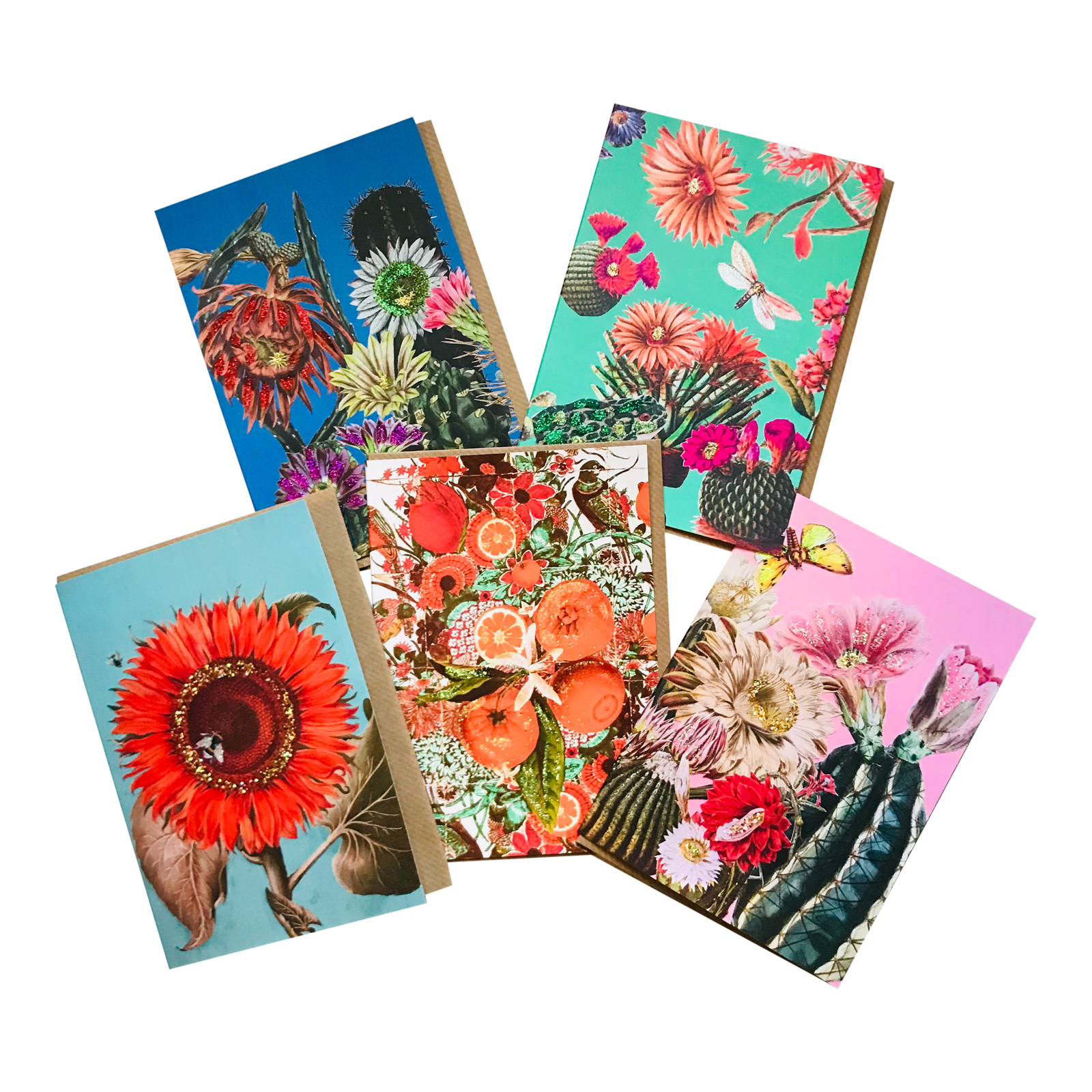 Diana Wilson Arcana Hand Glittered Flower Design Cards - Pack of 5 Designs