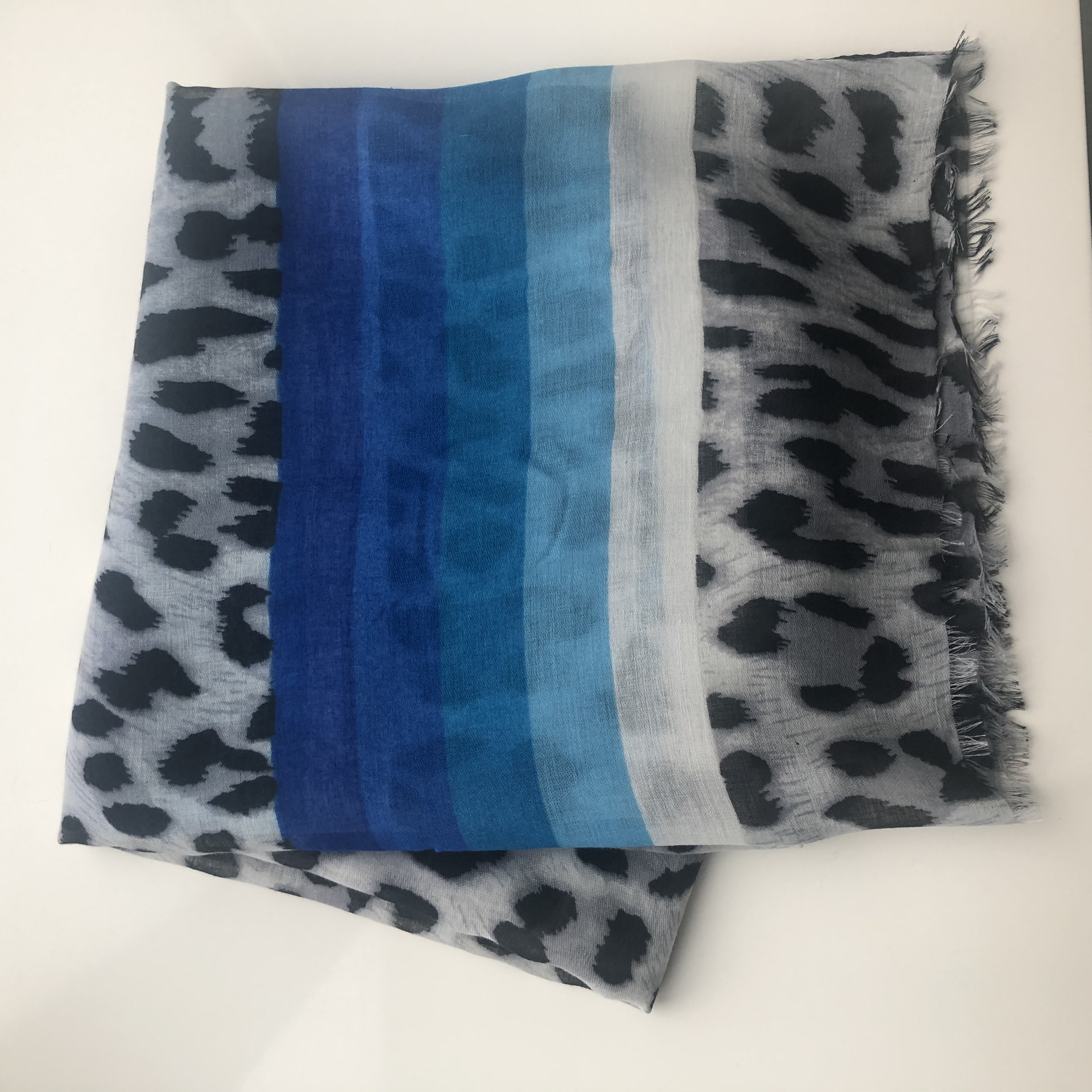 Miss Shorthair Leopard Print Scarf With Blue Stripes