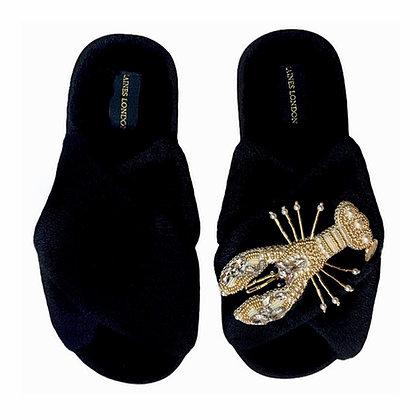 London Fluffy Slippers With Gold And Pearl Lobster Brooch