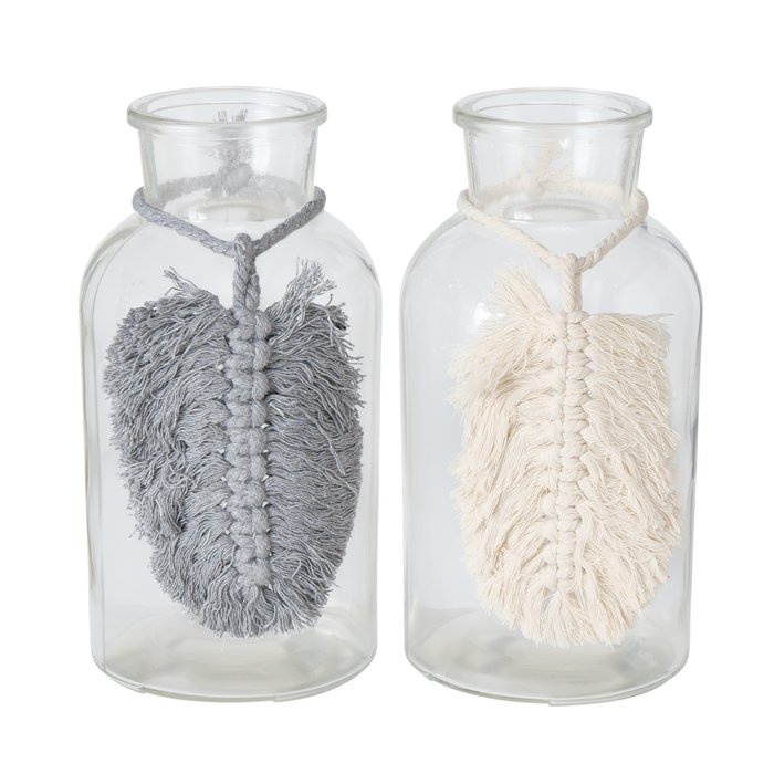&Quirky Lyka Glass Vase With Macramé Feather : Grey or Linen