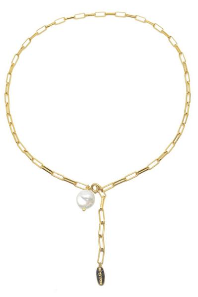 White Leaf White Freshwater Pearl Link Chain Gold Necklace