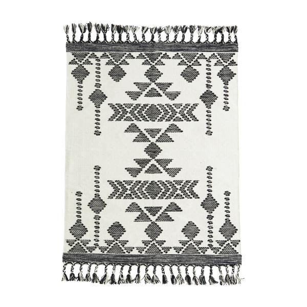 Off White Black Cotton Hand Woven Rug