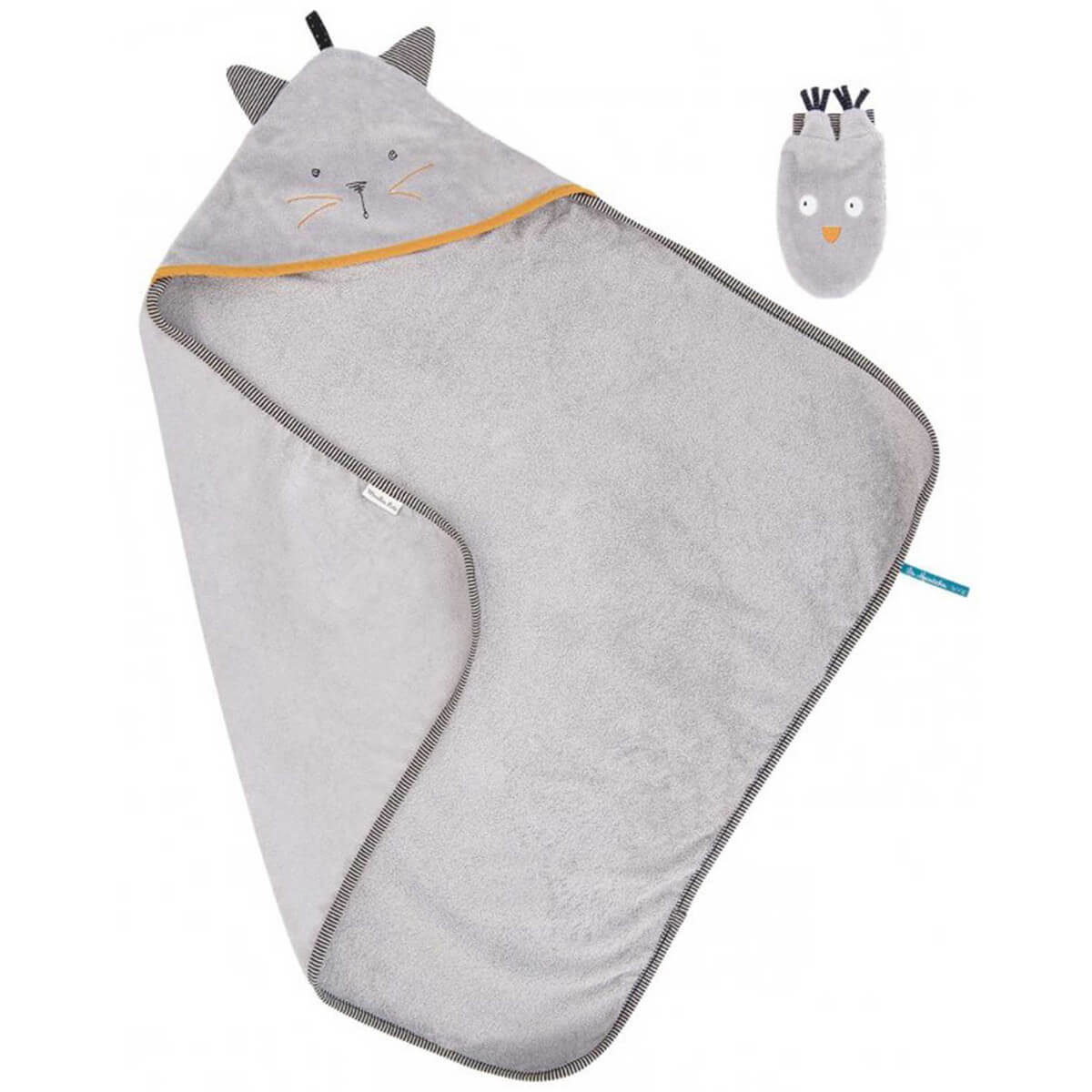 Moulin Roty Gray Bath Towel and Cat Mitten