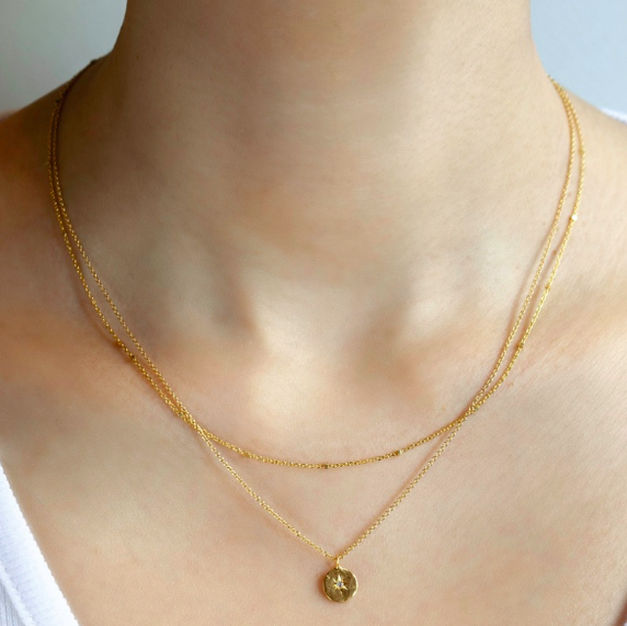 Gold Double Layered Necklace with a Round Charm