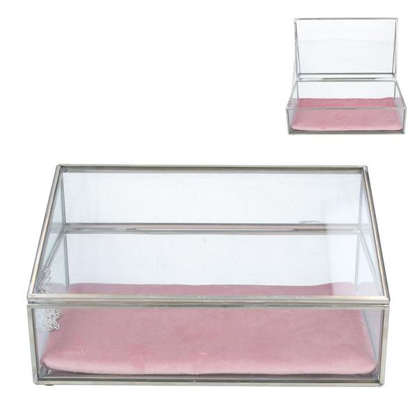 Metal & Glass Sloped Jewellery Box With Pink Velvet Cushion