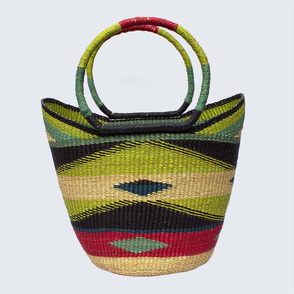 Ghanaian Large Bolga Shopping Basket With Leather Handles Lime And Coral